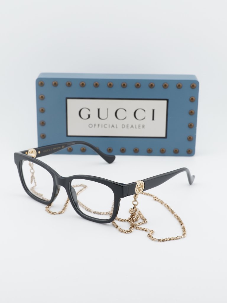 Gucci Gg1025o 003 Square Eyeglasses - Black With Gold Detachable Chain